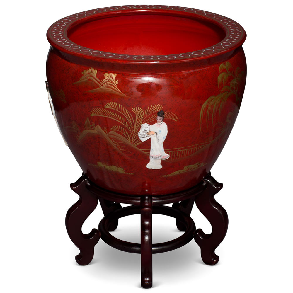 17 Inch Red Mother of Pearl Figurine Chinese Fishbowl Planter