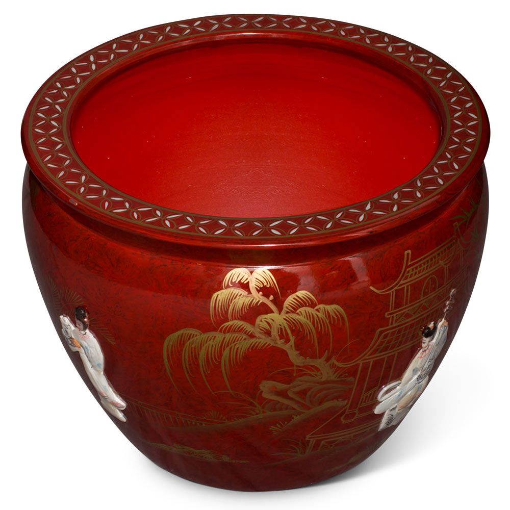 17 Inch Red Mother of Pearl Figurine Chinese Fishbowl Planter