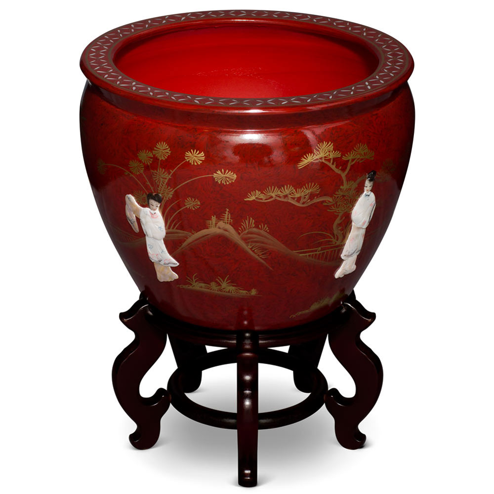 17 Inch Red Mother of Pearl Figurine Chinese Fishbowl Planter