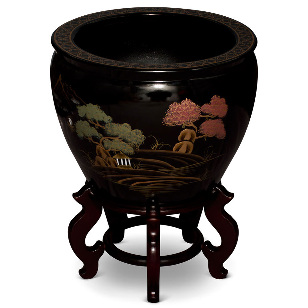 17 Inch Black Porcelain Scenery Motif Fishbowl Planter