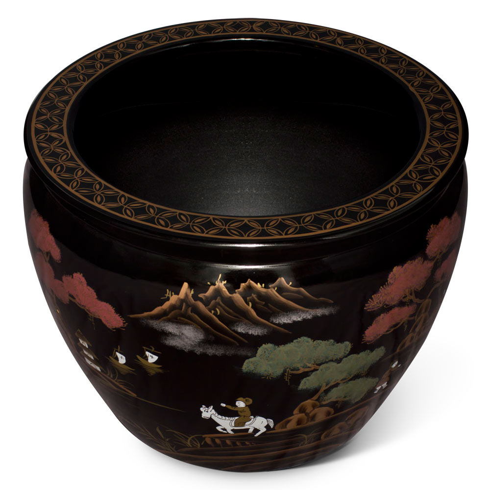 17 Inch Black Porcelain Scenery Motif Fishbowl Planter
