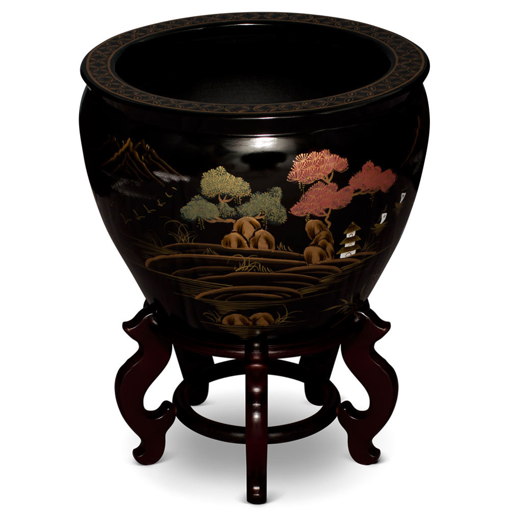 17 Inch Black Porcelain Scenery Motif Fishbowl Planter