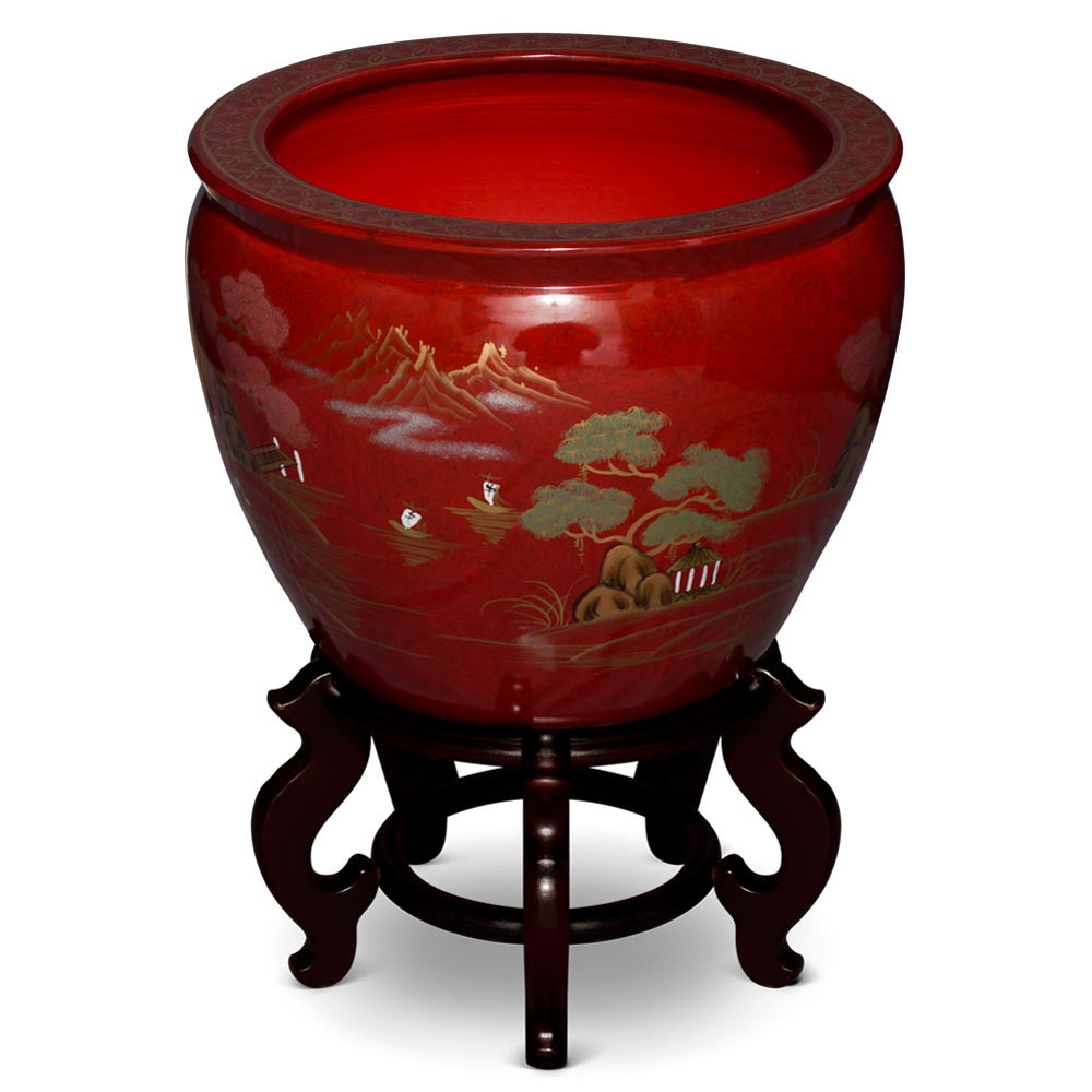 17 Inch Maroon Porcelain Scenery Motif Fishbowl Planter