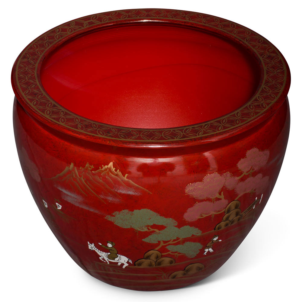 17 Inch Maroon Porcelain Scenery Motif Fishbowl Planter