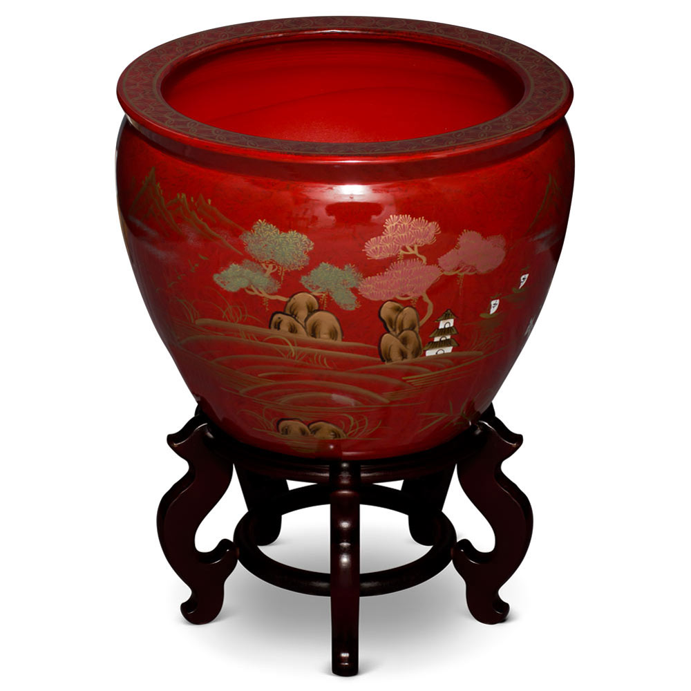 17 Inch Maroon Porcelain Scenery Motif Fishbowl Planter