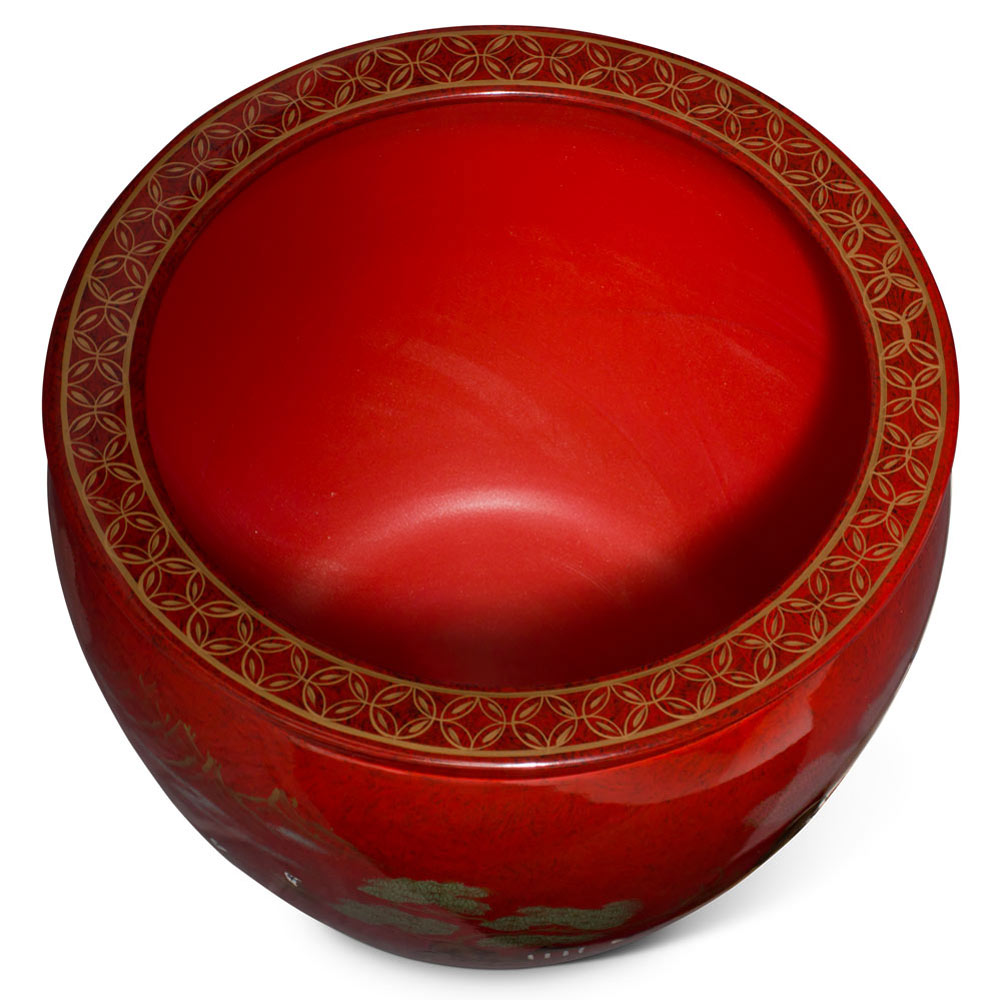 17 Inch Maroon Porcelain Scenery Motif Fishbowl Planter