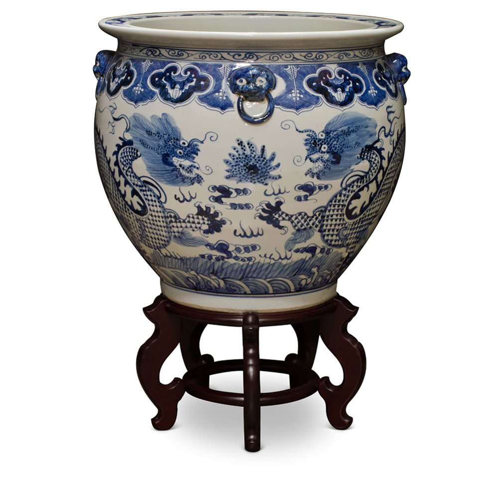 19 Inch Blue and White Porcelain Imperial Dragon Chinese Fishbowl Planter