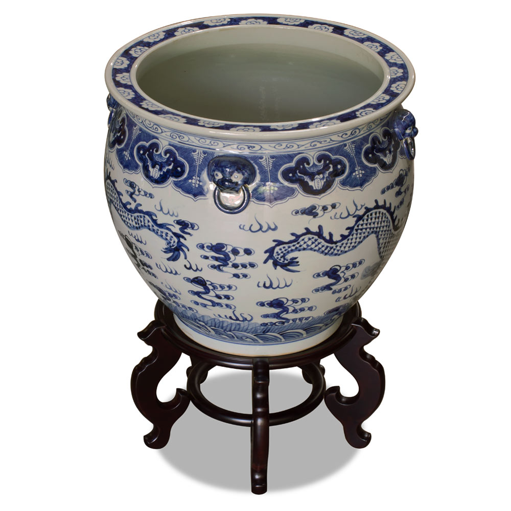 19 Inch Blue and White Porcelain Imperial Dragon Chinese Fishbowl Planter