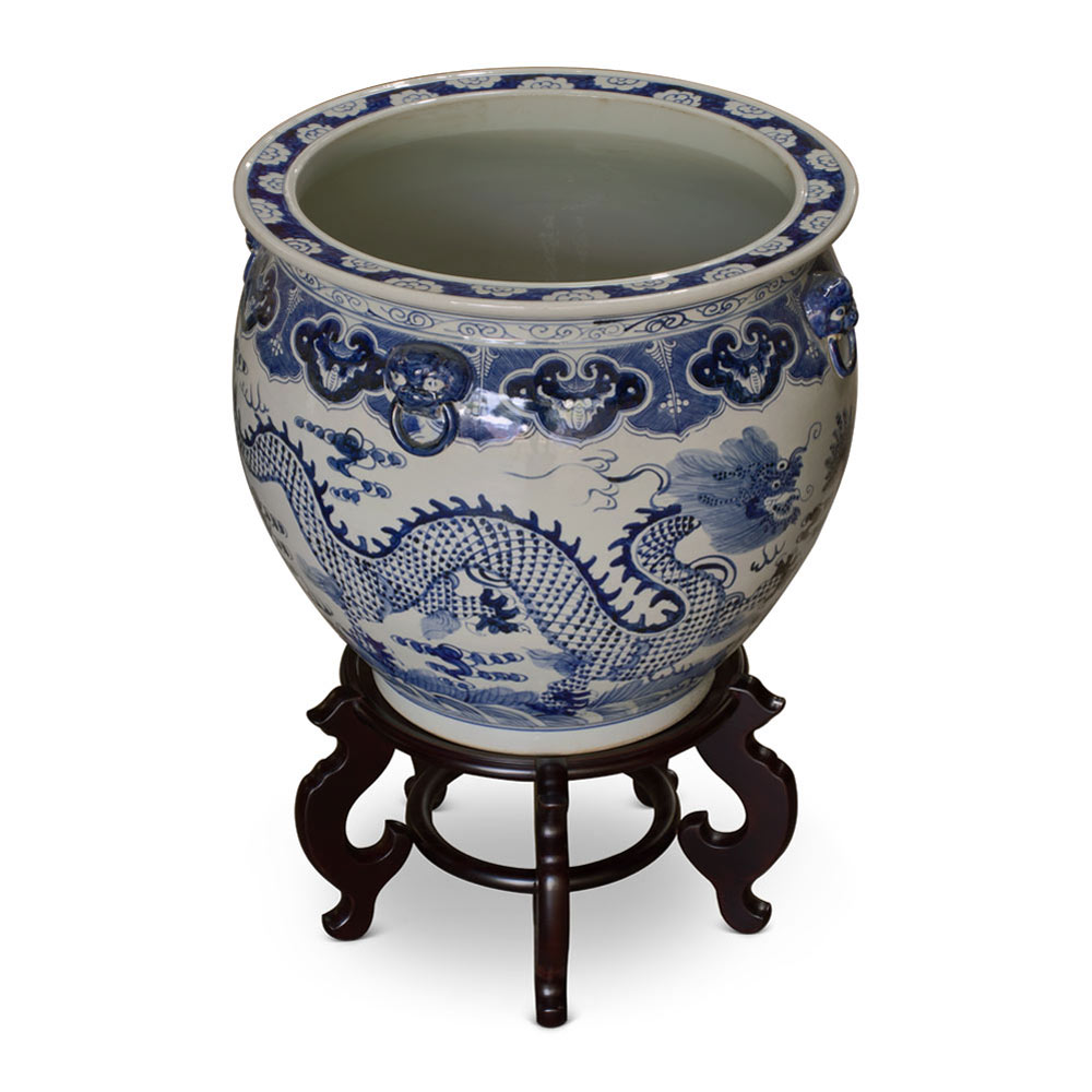 19 Inch Blue and White Porcelain Imperial Dragon Chinese Fishbowl Planter