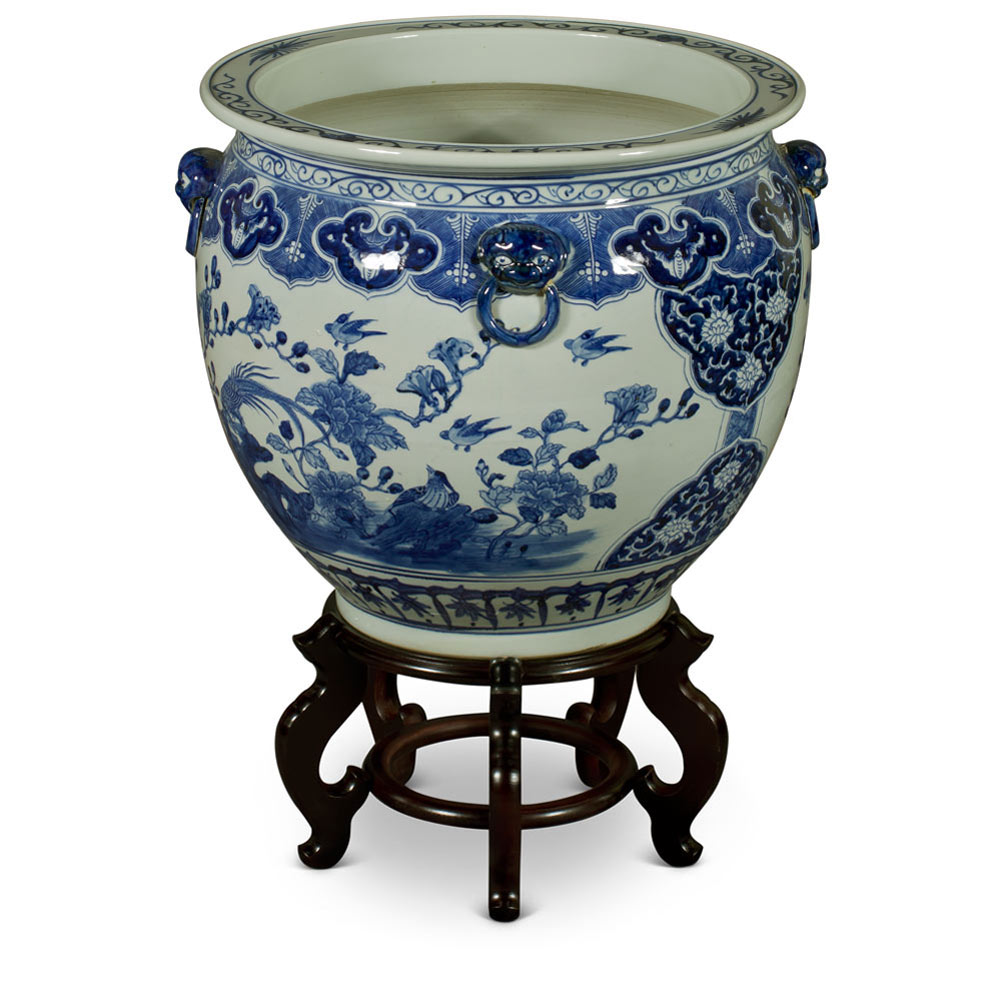 19 Inch Blue and White Porcelain Bird and Flower Chinese Fishbowl Planter