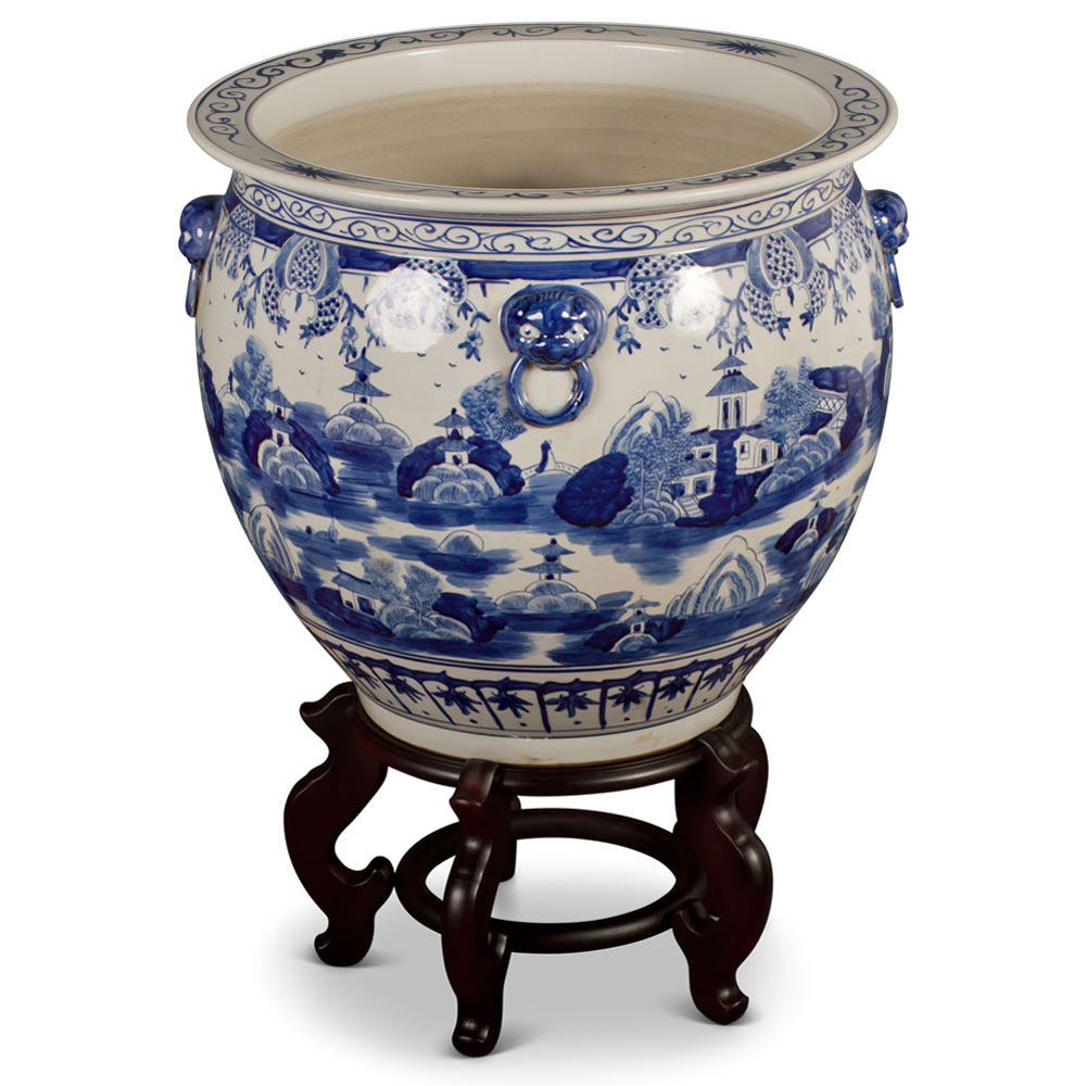 19 Inch Blue and White Porcelain Chinoiserie Village Scenery Oriental Fishbowl Planter