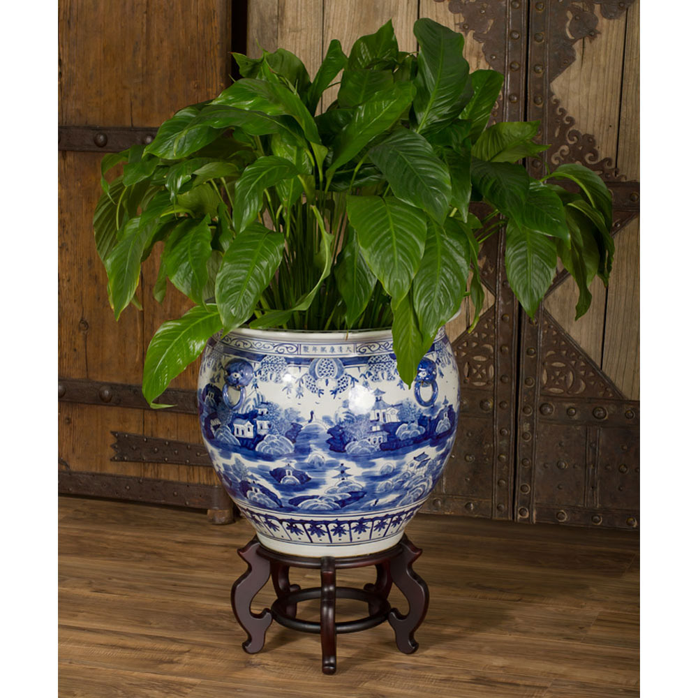 19 Inch Blue and White Porcelain Chinoiserie Village Scenery Oriental Fishbowl Planter