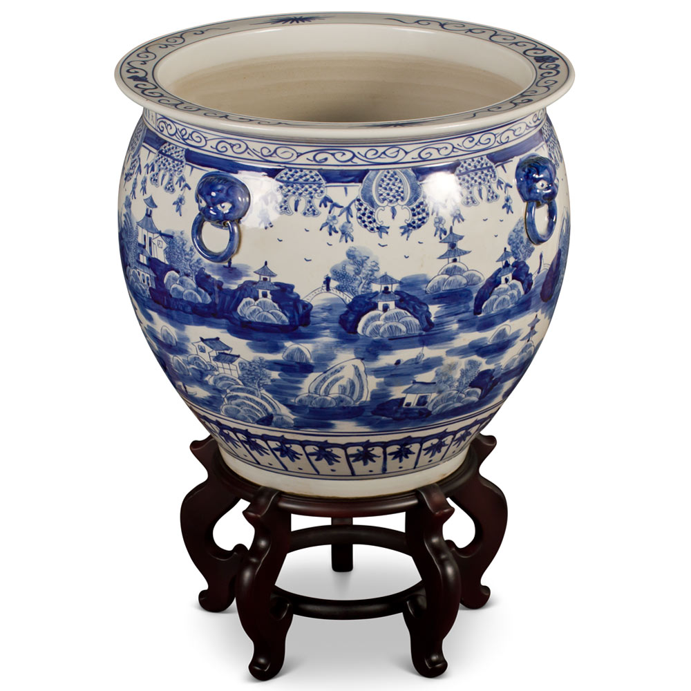 19 Inch Blue and White Porcelain Chinoiserie Village Scenery Oriental Fishbowl Planter