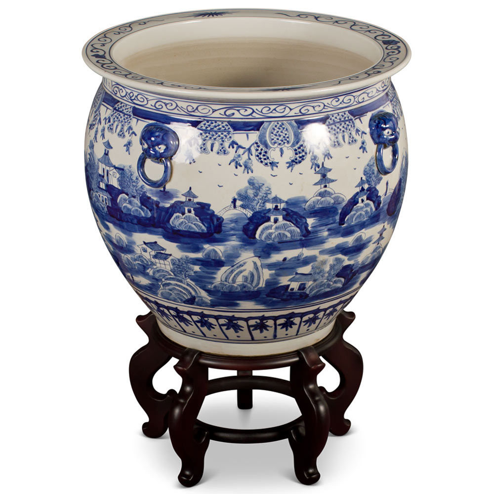 19 Inch Blue and White Porcelain Chinoiserie Village Scenery Oriental Fishbowl Planter