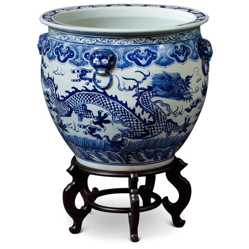 Blue and White Porcelain Dragon and Phoenix Fish Bowl 15" Diameter