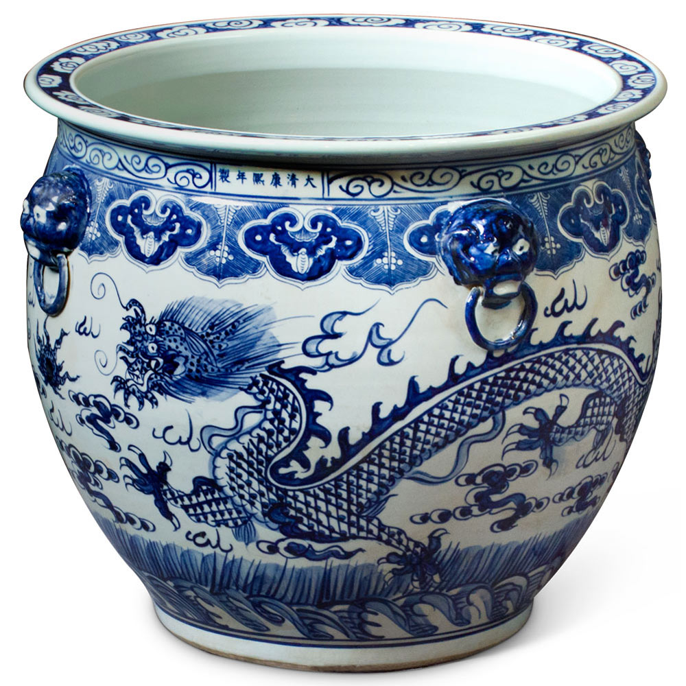 22 Inch Blue and White Porcelain Imperial Dragon Chinese Fishbowl Planter