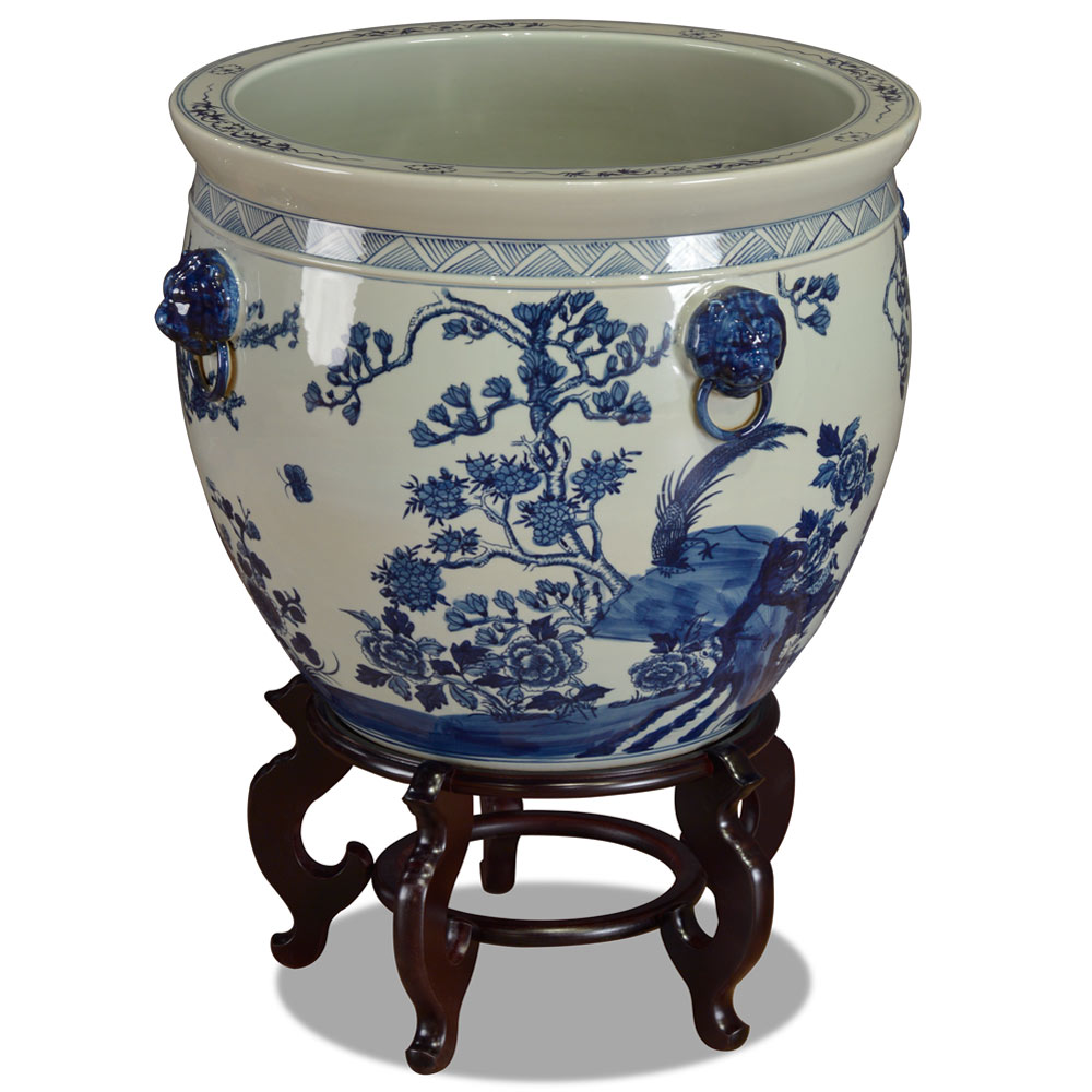 22 Inch Blue and White Porcelain Bird and Flower Chinese Fishbowl Planter