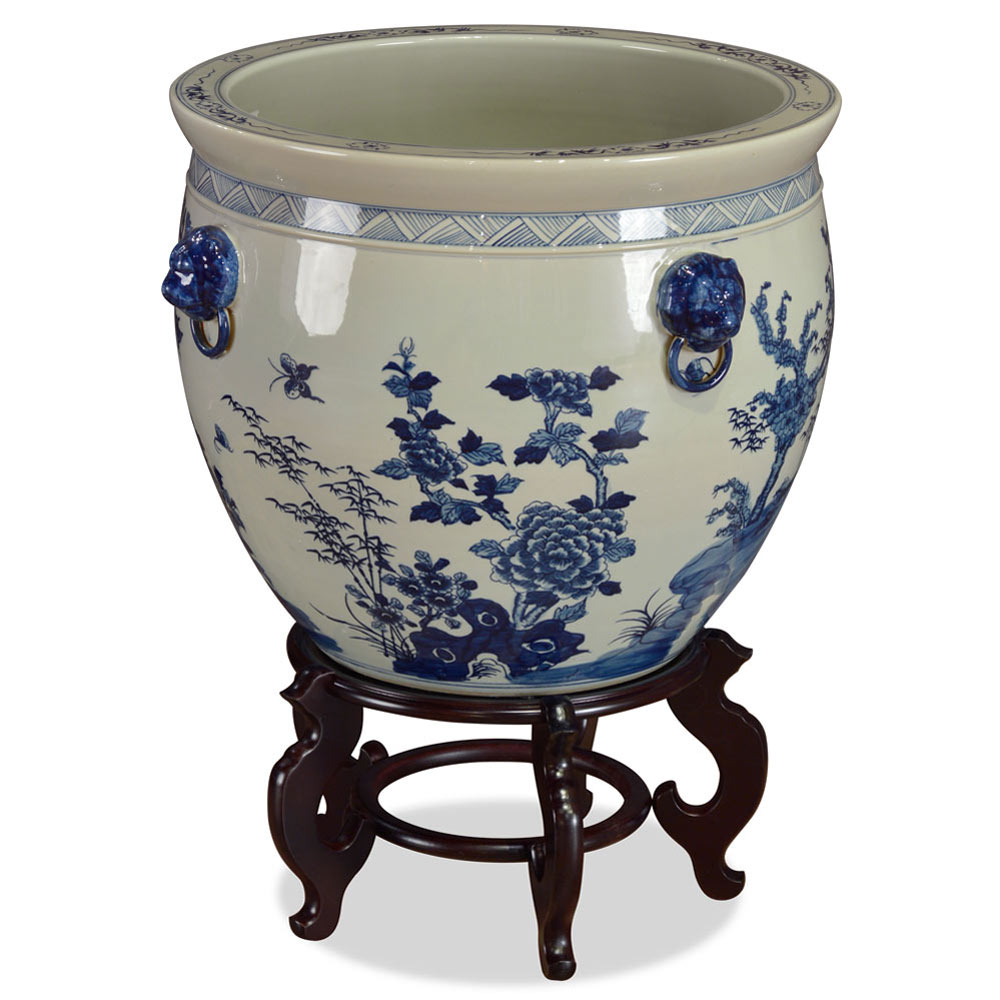 22 Inch Blue and White Porcelain Bird and Flower Chinese Fishbowl Planter