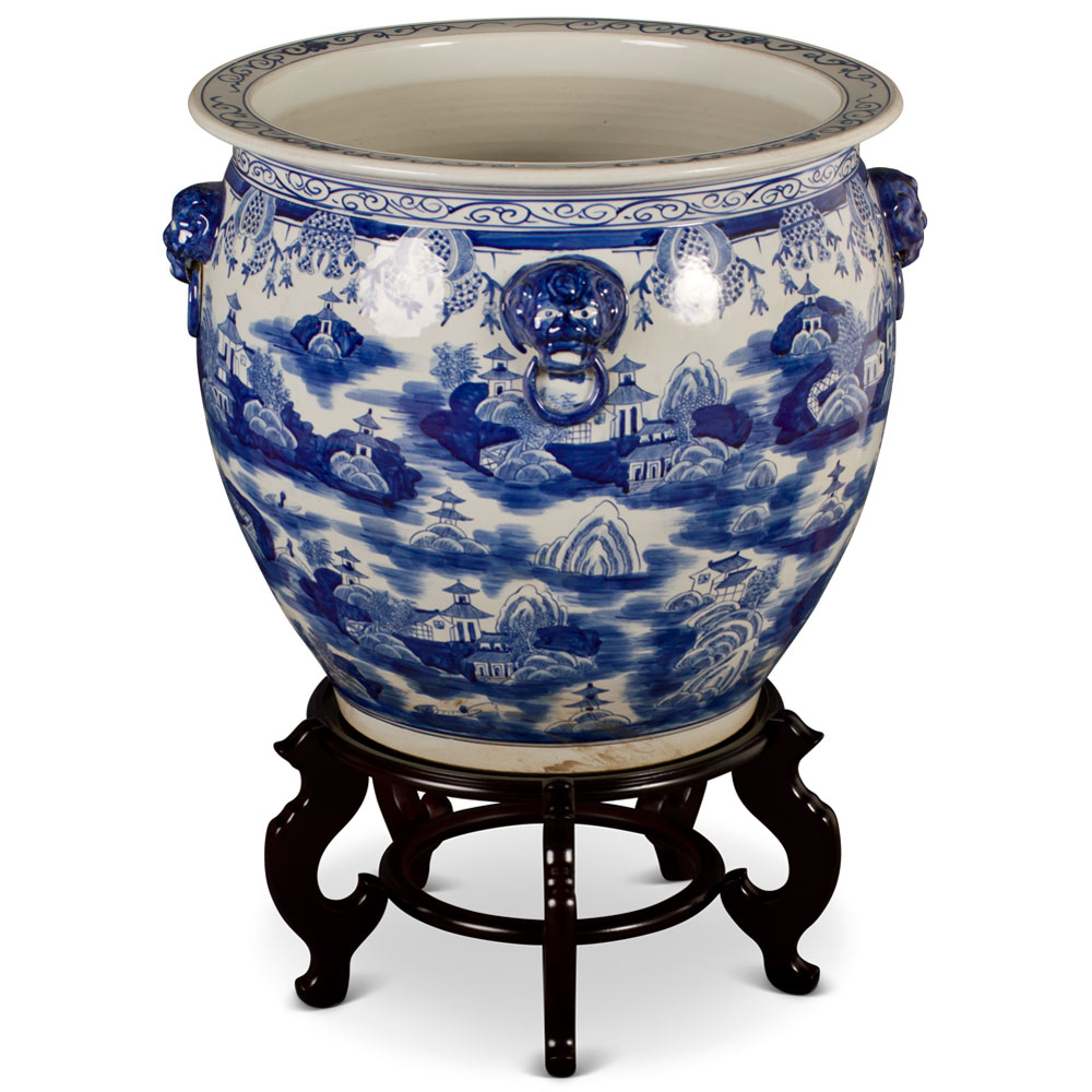 22 Inch Blue and White Porcelain Chinoiserie Village Scenery Oriental Fishbowl Planter