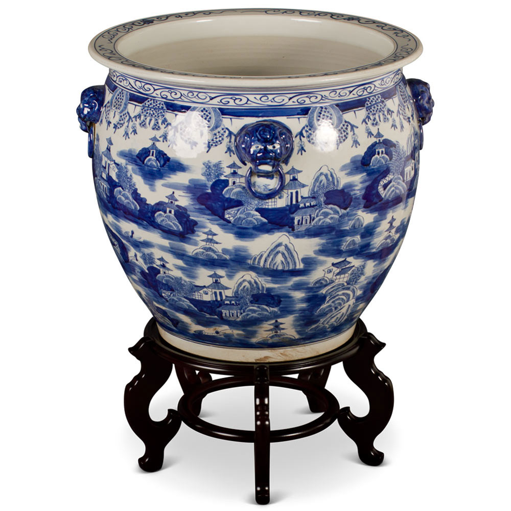 22 Inch Blue and White Porcelain Chinoiserie Village Scenery Oriental Fishbowl Planter