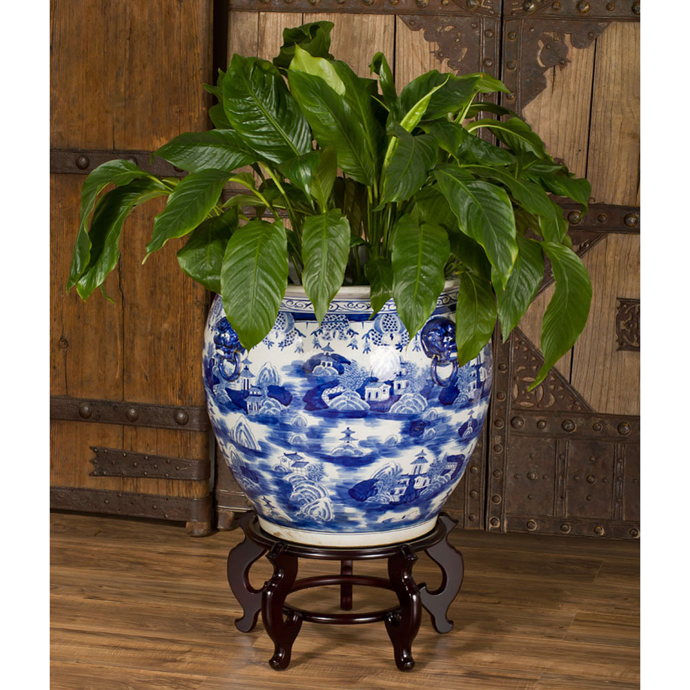 22 Inch Blue and White Porcelain Chinoiserie Village Scenery Oriental Fishbowl Planter