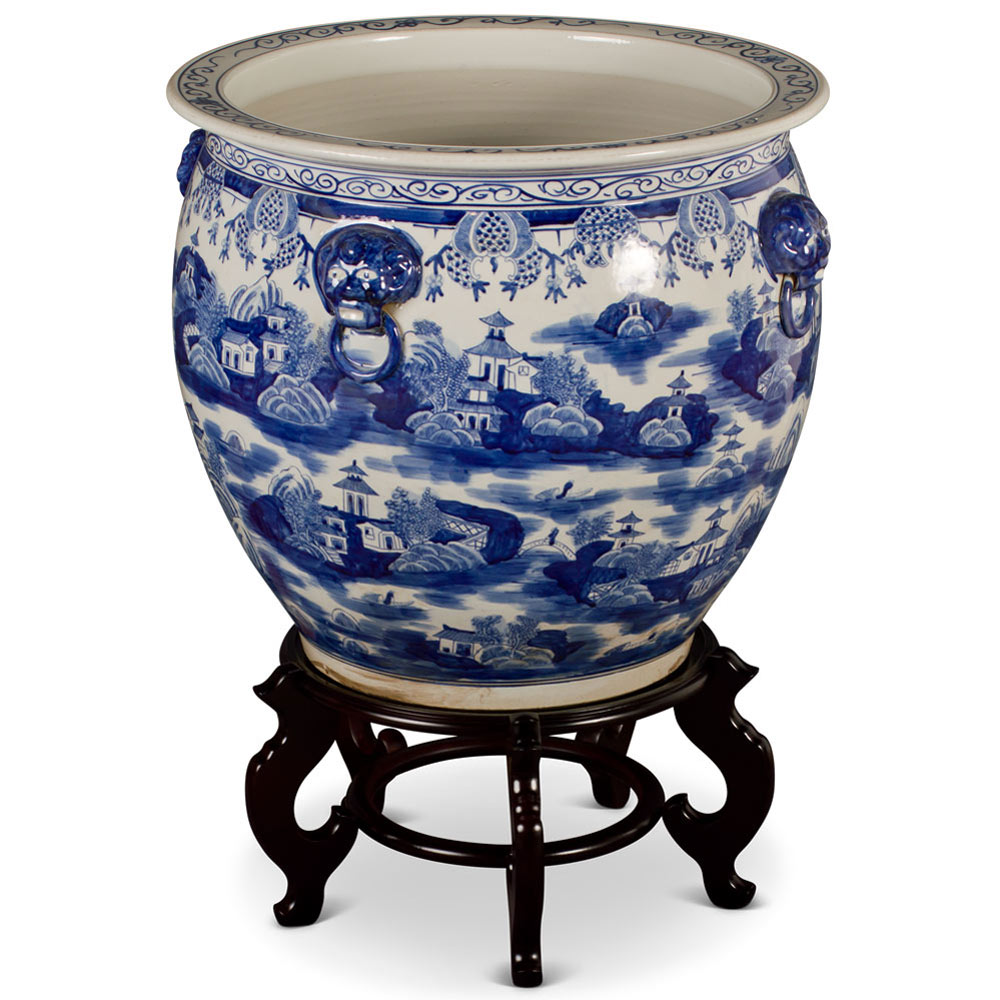 22 Inch Blue and White Porcelain Chinoiserie Village Scenery Oriental Fishbowl Planter