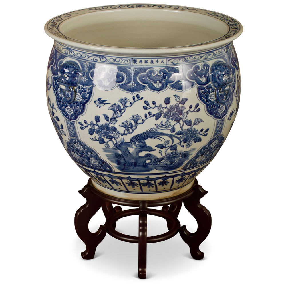 23 Inch Blue and White Porcelain Bird and Flower Motif Oriental Fishbowl Planter