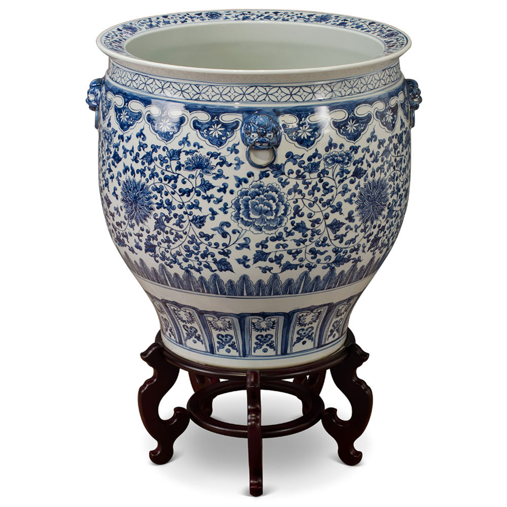 23.5 Inch Grand Blue and White Porcelain Peony Motif Oriental Fishbowl Planter