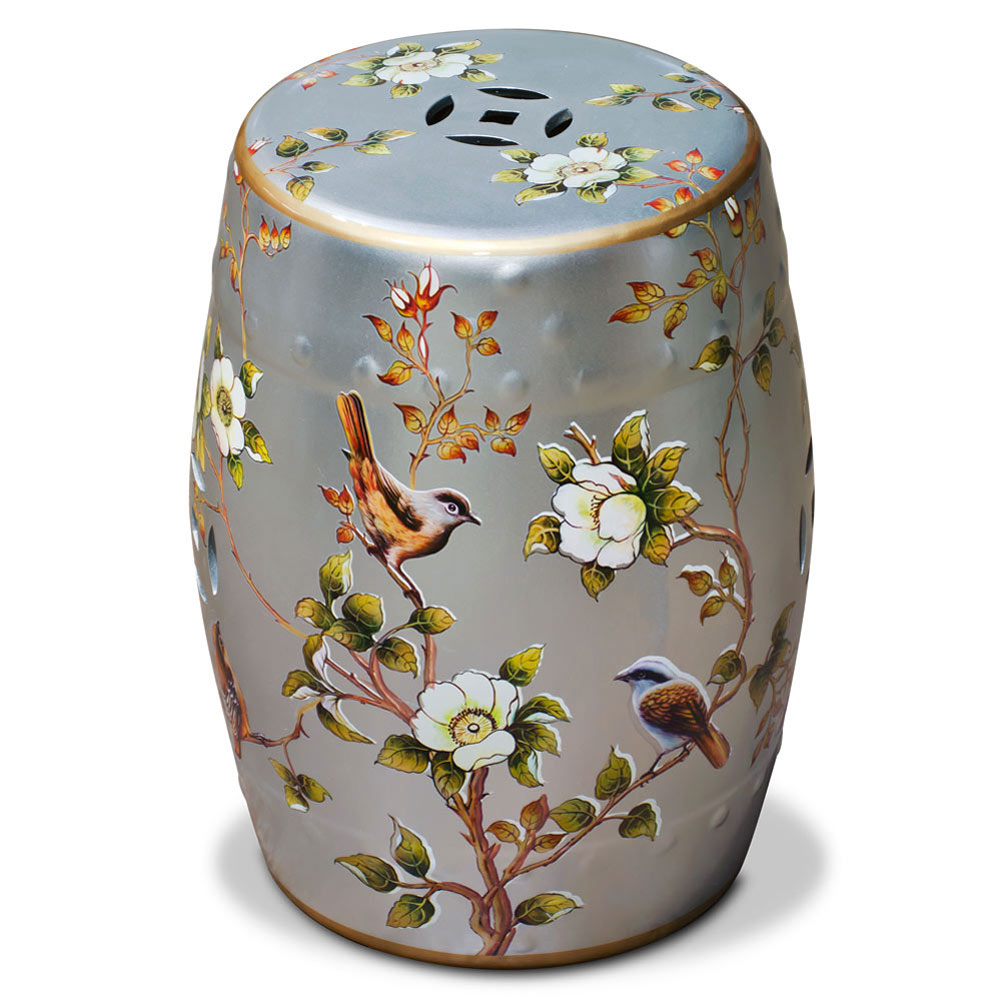 Silver Famille Jaune Peony and Bird Motif Asian Garden Stool