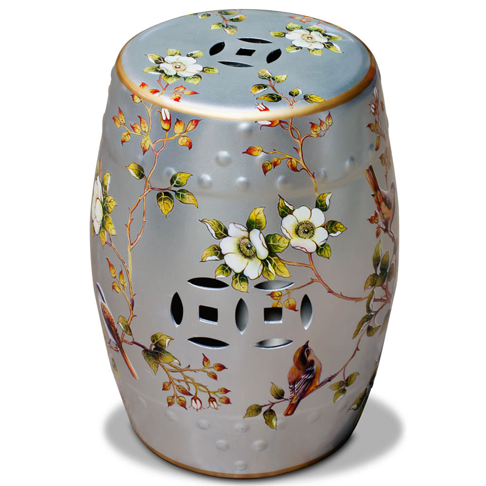 Silver Famille Jaune Peony and Bird Motif Asian Garden Stool