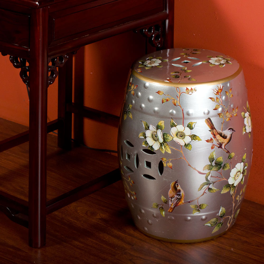 Silver Famille Jaune Peony and Bird Motif Asian Garden Stool