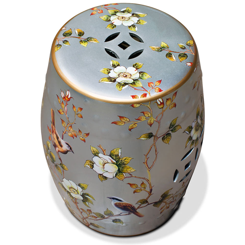 Silver Famille Jaune Peony and Bird Motif Asian Garden Stool