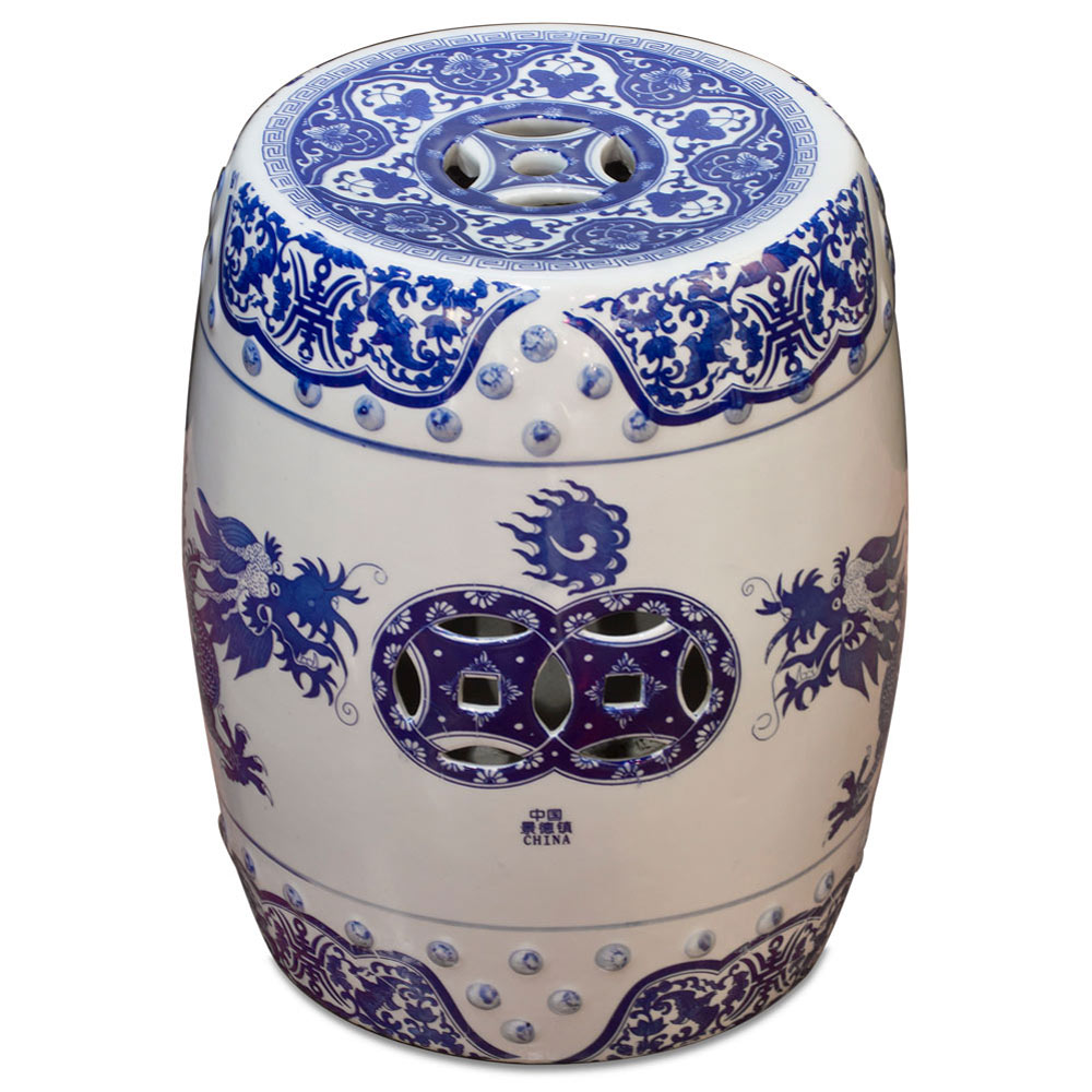 Blue and White Porcelain Imperial Dragon Motif Garden Stool