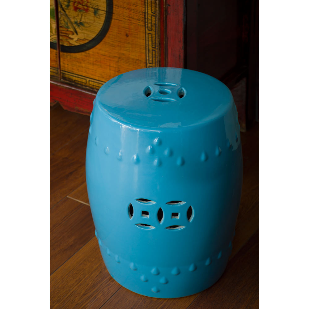 Light Blue Porcelain Coin Motif Chinese Drum Garden Stool