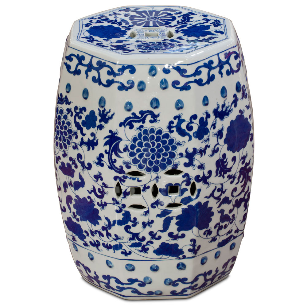 Blue & White Porcelain Octagonal Chinese Palace Garden Stool with Flower and Vine Motif