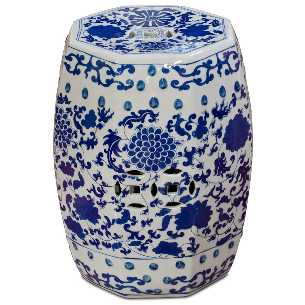 Blue & White Porcelain Octagonal Chinese Palace Garden Stool with Flower and Vine Motif