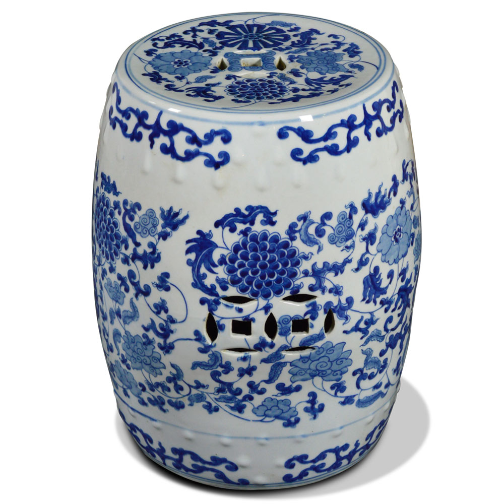 Blue & White Porcelain Chinese Palace Garden Stool with Flower and Vine Motif