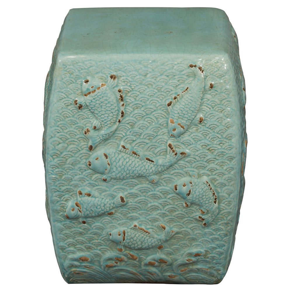 Distressed Celadon Porcelain Koi Fish Pond Asian Garden Stool