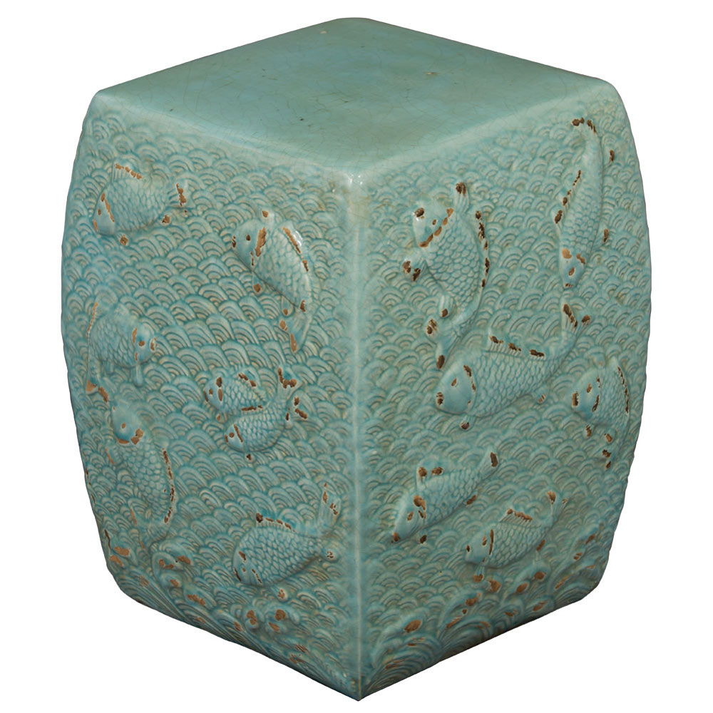 Distressed Celadon Porcelain Koi Fish Pond Asian Garden Stool