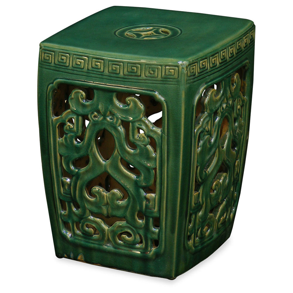 Green Porcelain Mythical Cloud Motif Asian Garden Stool