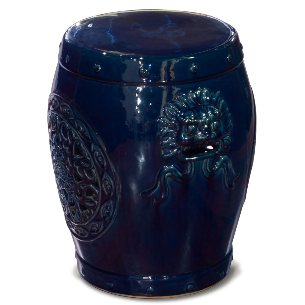 Navy Blue Floral Design with Lion Head Porcelain Chinese Garden Stool