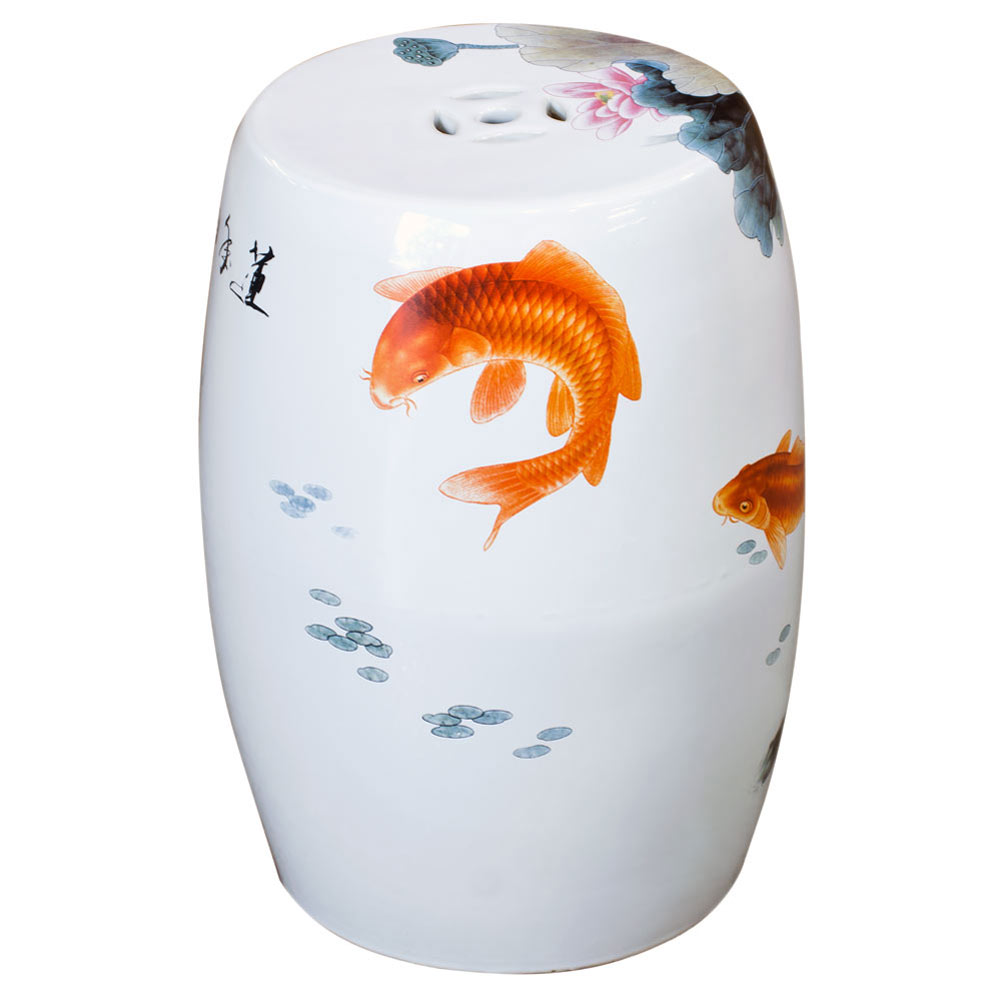 White Porcelain Koi Fish Lotus Pond Motif Asian Garden Stool