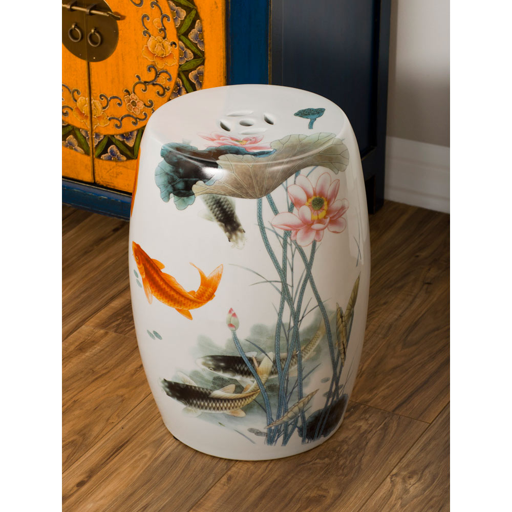 White Porcelain Koi Fish Lotus Pond Motif Asian Garden Stool