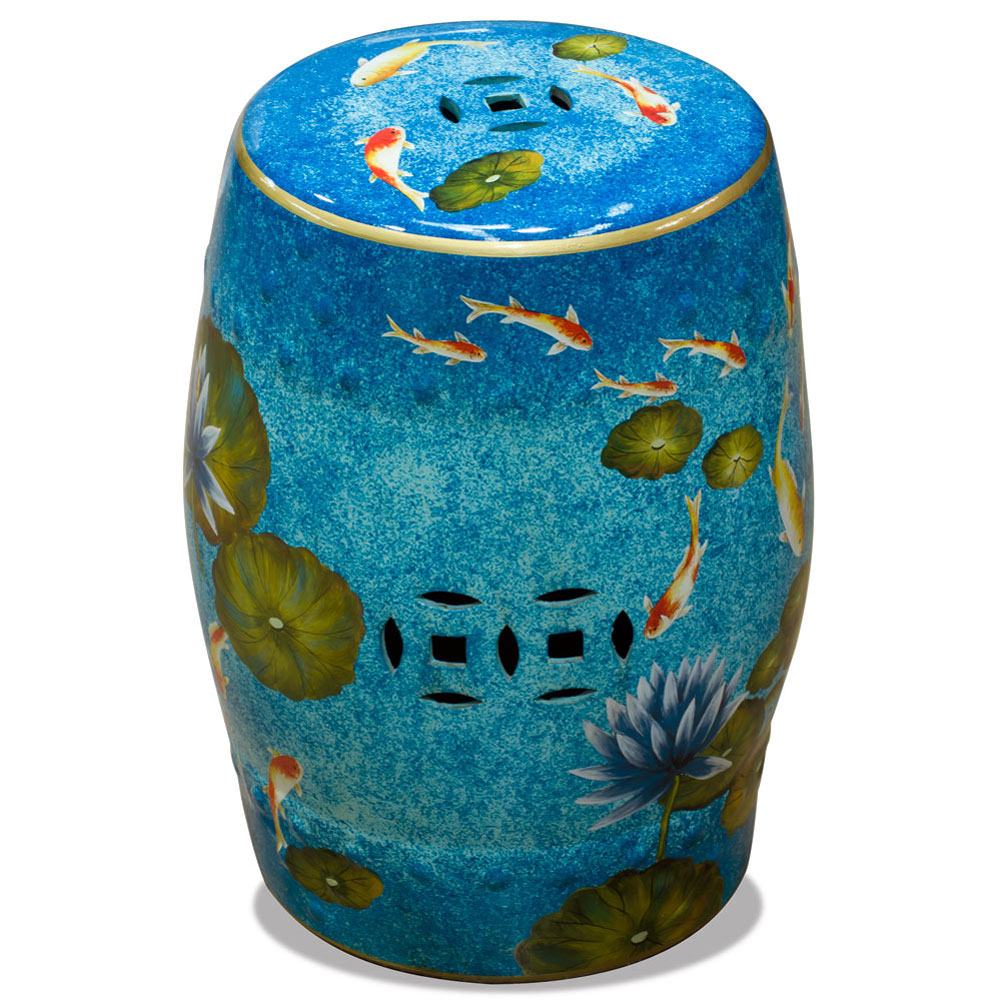 Porcelain Koi Fish Lotus Pond Motif Asian Garden Stool