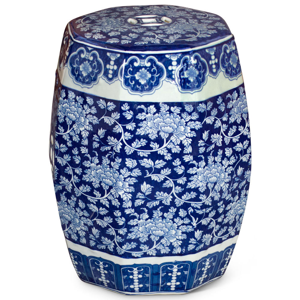 Blue & White Porcelain Octagonal Chinese Palace Garden Stool with Peony Flower Motif