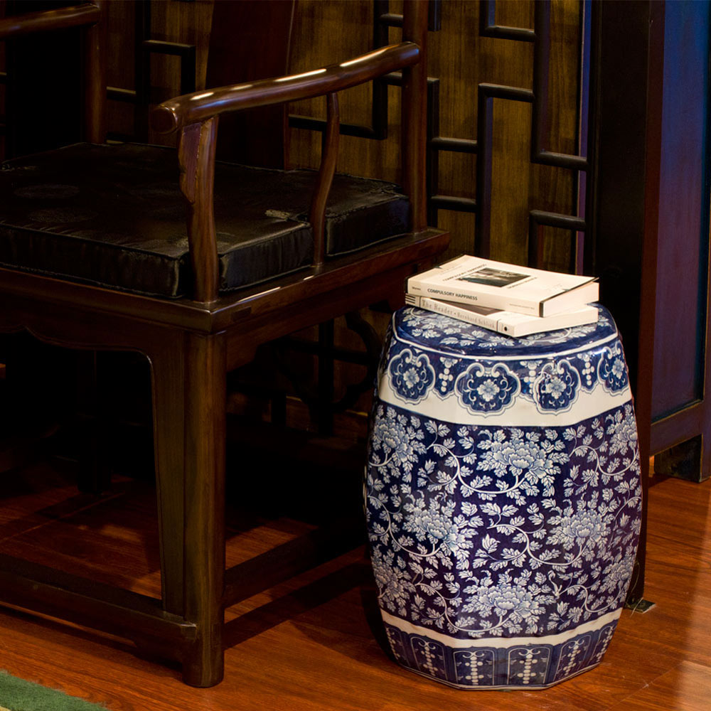 Blue & White Porcelain Octagonal Chinese Palace Garden Stool with Peony Flower Motif