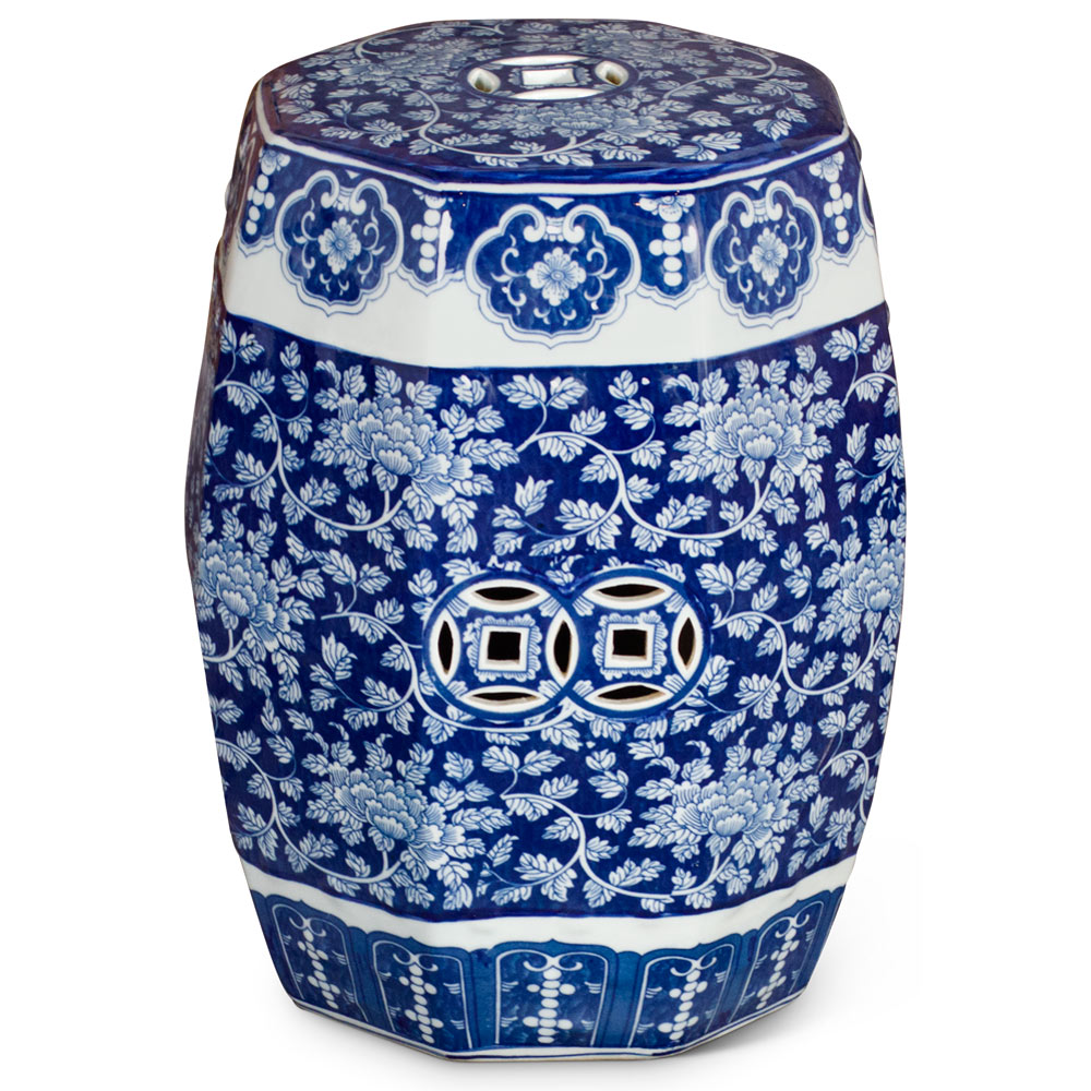 Blue & White Porcelain Octagonal Chinese Palace Garden Stool with Peony Flower Motif