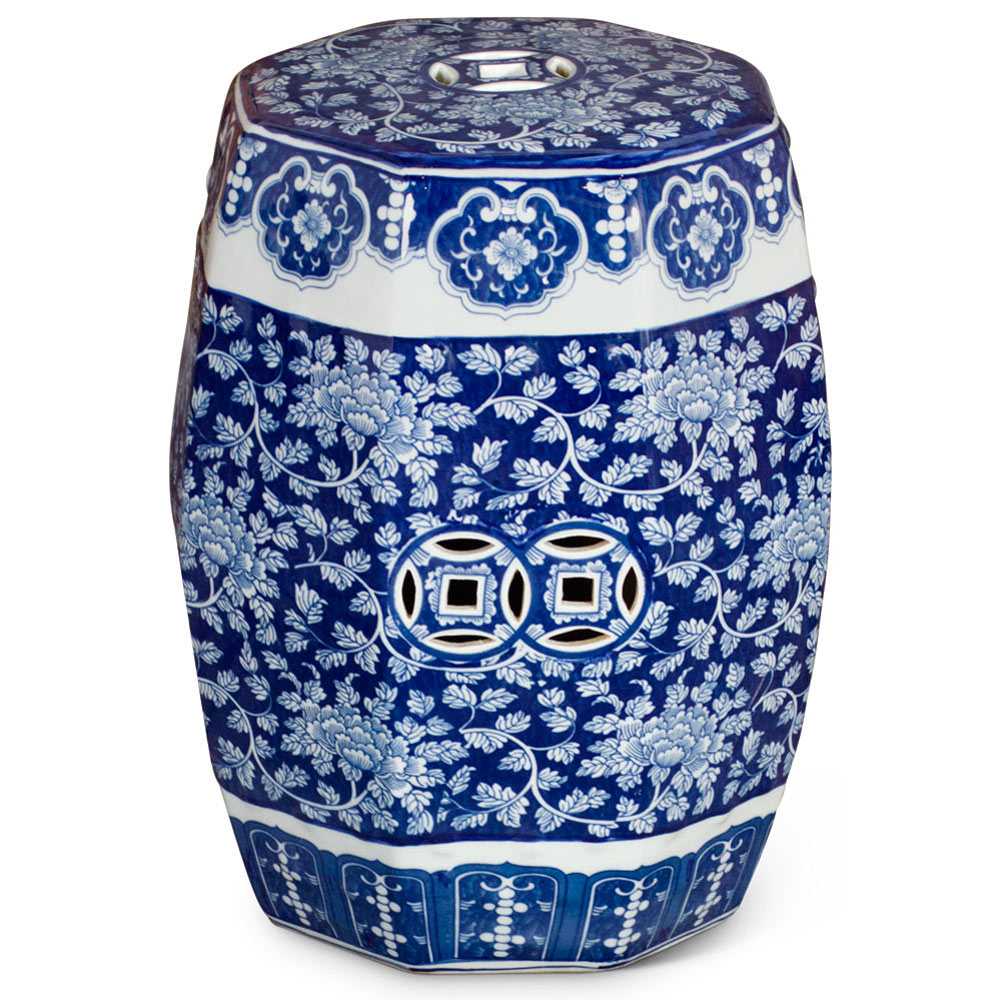 Blue & White Porcelain Octagonal Chinese Palace Garden Stool with Peony Flower Motif