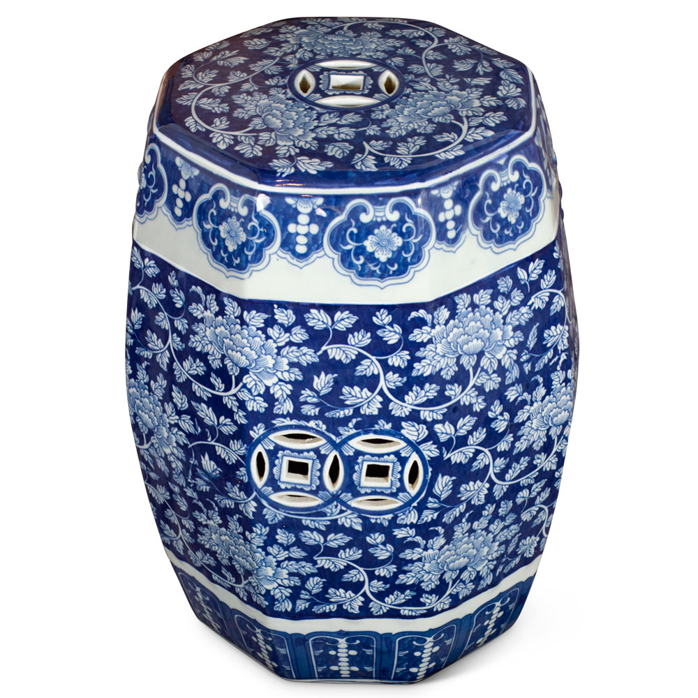 Blue & White Porcelain Octagonal Chinese Palace Garden Stool with Peony Flower Motif