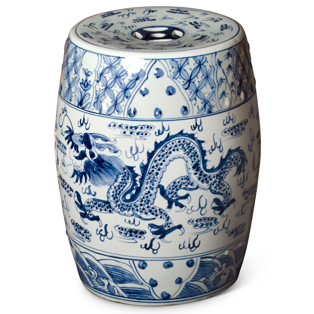 Blue & White Porcelain Chinese Imperial Dragon Motif Garden Stool